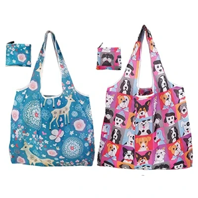 Imagen de BOBOZHONG Bolsas de Compras,2PCS comestibles Reutilizables Compras Lavables Grandes Plegables ecológicas para Uso Diario Almacenamiento（Perro y Ciervo）