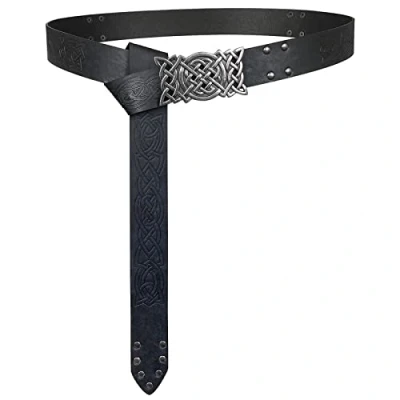 Imagen de HiiFeuer cinturón vikingo con hebilla en relieve, nórdico de cuero imitación caballero, retro guerrero medieval para LARP Cosplay Halloween (Negro)