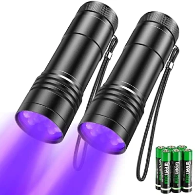 Imagen de kizplays Linterna ultravioleta LED UV flashlight 12 Detectar manchas de orina mascotas luz negra 395nm [2 Paquete]