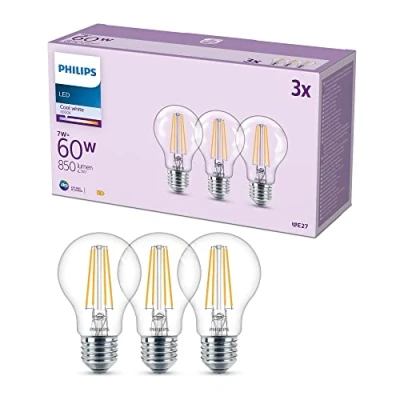 Imagen de Philips Bombilla LED clásica transparente 7W (Eq. 60W) 850 lúmenes casquillo E27, Luz Blanca Fría (4000K) Pack de 3 Bombillas