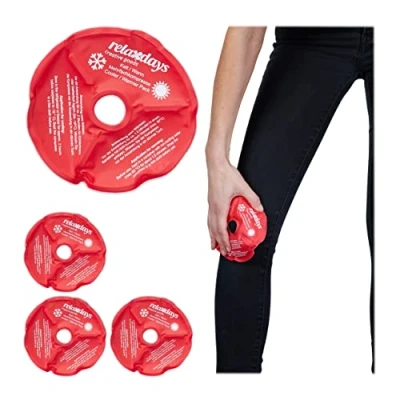 Imagen de Relaxdays Bolsa de Gel Rodilla, Set 4, Reutilizables, Compresas Frío Calor con Agujero para Rótula, Rojo, Poliéster, 1,5 x 14 cm