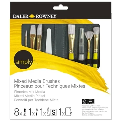 Imagen de Daler Rowney Simply pinceles Mix Media, Surtido de pelo sintético, Mango corto, Estuche con cremallera, 10