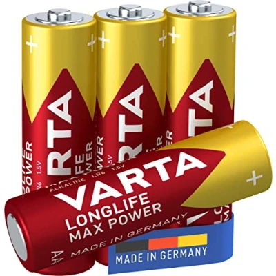 Imagen de VARTA Pilas AA, paquete de 4, Longlife Max Power, Alcalinas, 1,5V, aptas para cámaras digitales, controladores, monitores presión arterial, Made in Germany