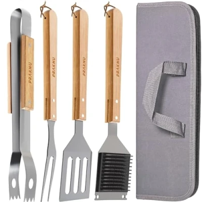 Imagen de Kit de Utensilios 𝗲𝘀𝗲𝗻𝗰𝗶𝗮𝗹𝗲𝘀 Acero y Madera para Barbacoa 4 Piezas Resistente al Calor antióxido con práctica Bolsa Transporte