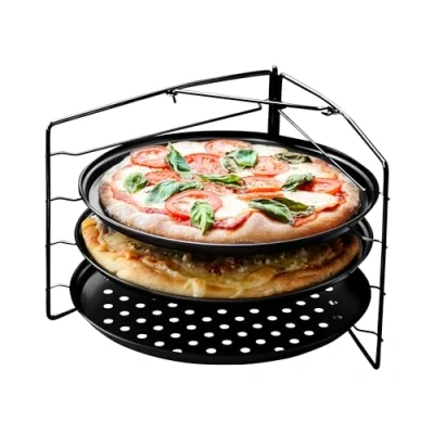 Imagen de Chef Pomodoro Set Bandejas Horno para Hornear Pizza con 3 Niveles y Rejilla (33 cm Diámetro), Perforadas Antiadherentes, de Agujeros, Barbacoa, Plato