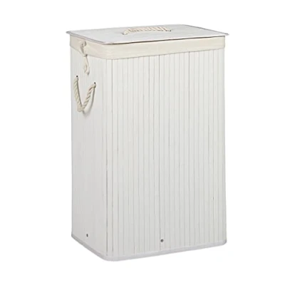 Imagen de Relaxdays Cesto Ropa Sucia Plegable, Cubo Colada Rectangular con Tapa, Bambú, 83 L, 65,5 x 43,5 33,5 cm, Blanco