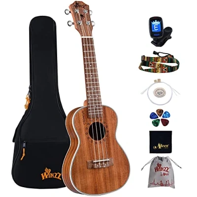Imagen de Winzz Ukelele Concierto 23 Pulgadas para Adultos Principiantes o Profesionales, Kit de Madera KOA Mate Natural