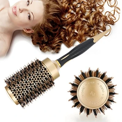 Imagen de Cepillo Para el Cabello, de Estilo Salón Peine Redondo Antiestático Anión Portátil Oro y Negro con Cerdas Jabalí Nailon Peinados(A1813 53)