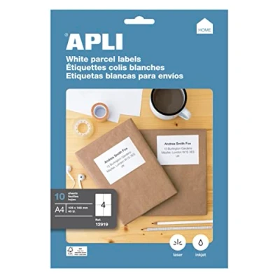 Imagen de APLI 12919 Etiquetas blancas permanentes adhesivas imprimibles, Inkjet Laser Copy, tamaño etiqueta 105 x 148 mm , cantos rectos, pack de 10 hojas A4 ( 40 etiquetas) ideal para sobres y paquetes