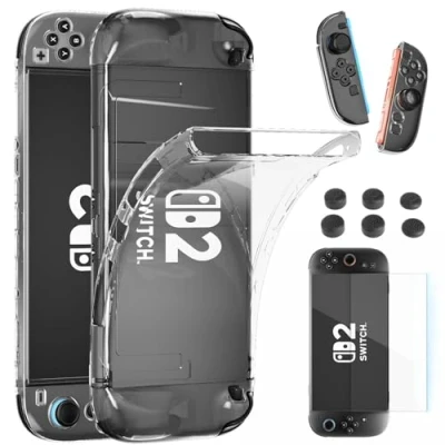 Imagen de HEYSTOP Carcasa para Nintendo Switch 2 Modelos, Funda TPU Suave Transparente con Protector de Pantalla y Tapas Silicona el Pulgar Mando