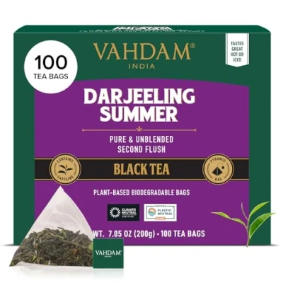 Imagen de VAHDAM, Darjeeling Summer Té Negro (100 Piramidales Bolsitas De Té) Bolsas Sin Mezclar Puras Ingredientes 100% Naturales, Envasado Fresco En La India Caliente/Frío O Como Kombucha