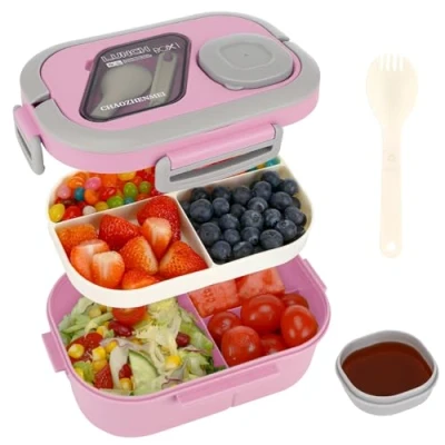 Imagen de Kasanni Fiambrera, lunch box, Bento Fiambrera con Compartimentos para Adultos y Niños, Escuela, Trabajo, Pícnic, Viajes, microondas (Rosa)