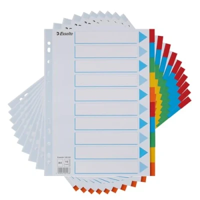 Imagen de Esselte 10 paquetes de separadores archivos tarjetas A4, carpetas colores con hoja frontal identificación, para anillos y palanca arco, hechos