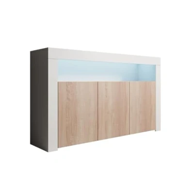Imagen de MB Muebles Bonitos Aparador Mueble TV con LED Armario para Salón Comedor Moderno 3 Puertas Ancho 155 x Alto 91,5 Profundo 37cm Color Blanco y Sonoma Acabado Mate Modelo Aker