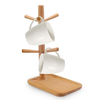 Imagen de Fatiya Árbol de madera para tazas café, soporte con 6 ganchos y base almacenamiento, organizador estante taza café encimera, cocina, bar