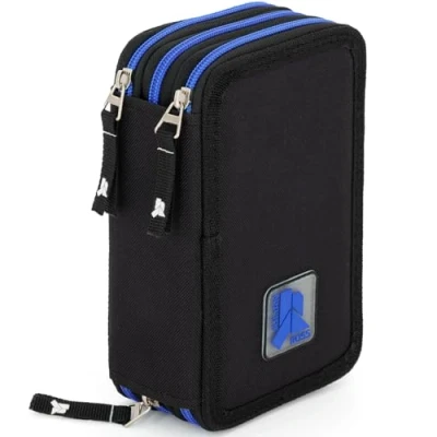 Imagen de Julian Ross Estuche triple relleno para niños, 45 accesorios escolares primarios, 3 cremalleras, compartimentos organizados, ceras, rotuladores, pegamento, tijeras, Negro y azul., Portalápices
