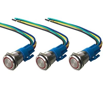 Imagen de QitinDasen 3Pcs Premium 12V / 24V 5A Interruptor de Botón Momentáneo, 19mm Metálico, LED Rojo Pulsador Impermeable IP67 con Enchufe Cable