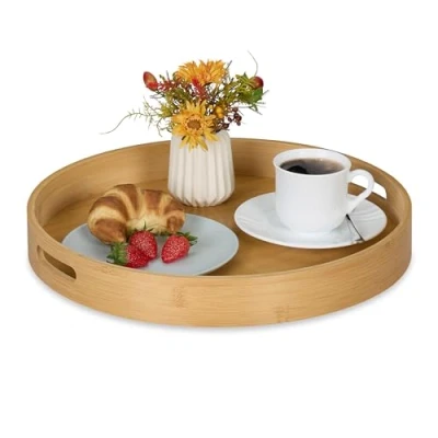 Imagen de Relaxdays Redonda Bandeja de Bambú y MDF, Diseño Rectangular, Decorativa, Té, Desayuno, 5x40 cm, con Asas, Borde Alto, Natural, Tablero Fibras