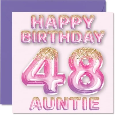 Imagen de Tarjeta de cumpleaños número 48 para tía, globos purpurina rosa y morada, tarjetas feliz tía años sobrino sobrina, felicitación 145 mm x