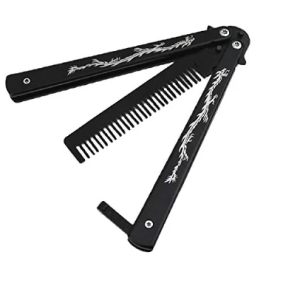 Imagen de XBC Tech Cuchillo de Mariposa Hoja Acero Inoxidable la práctica formación unsharpened Peine Navaja Balisong para Entrenamiento (Negro)