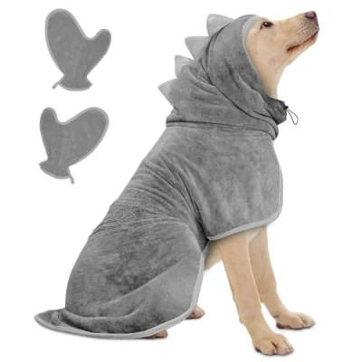 Imagen de Bibykivn Albornoz para Perros con Velcro, Perro de Microfibra Absorbente Dinosaurio, Secar Después del Baño y la Natación (L, Gris)