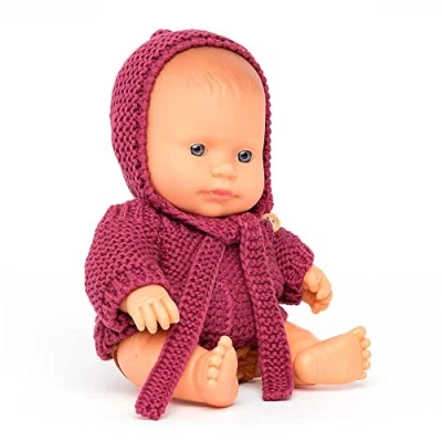 Imagen de Miniland Dolls Muñeco bebé de 21cm Origen caucásico, Fabricado en España Forma Tradicional, con ropita y complementos Tonos Granate marrón.