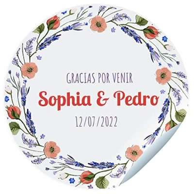 Imagen de 24 Etiquetas adhesivas para celebraciones. Pegatinas personalizadas con nombre, fecha y dedicatoria los regalos de tus invitados.Tamaño 45mm diámetro. (Modelo 3)