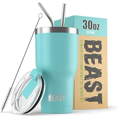 Imagen de BEAST Termo Café para Llevar 900ml I Azul Aguamarina Taza Térmica de Acero Inoxidable Reusable Viajera Doble Pared al Vacío 2 Pajitas y Cepillo Limpieza