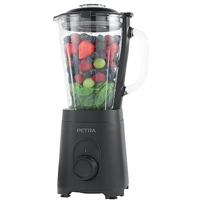 Imagen de Petra PT5531MBLKVDE Jug Blender Batidora con Jarra de vidrio sin BPA 1,5 L, Cuchilla acero inoxidable, Sopa/Comida para bebés, Tapa bloqueo EK1, 2 velocidades, Función Turbo, 600W, Negro