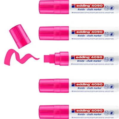 Imagen de edding 4090 marcador de tiza rosa neón 5 rotuladores punta biselada 4 15 mm para cristal borrables pizarras, vidrio y espejos líquida cobertura opaca