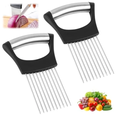 Imagen de 2PCS Soporte para Cebollas Cortar Cebollas, Cebolla Acero Inoxidable, Mejorado, de Rodajas Cebolla, Adecuado Carne Verduras Frutas