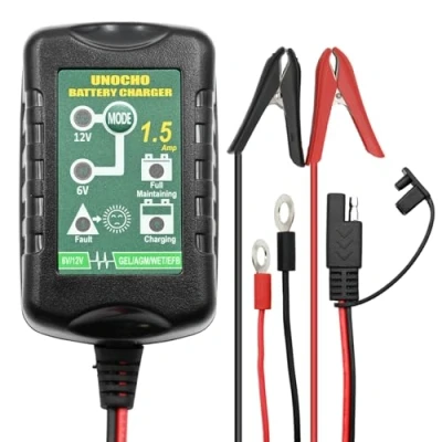 Imagen de Cargador de batería automático Inteligente 6V/12V 1.5A, mantenedor batería, Goteo, Flotante para Auto, Moto, cortacésped, Bote y motonieve