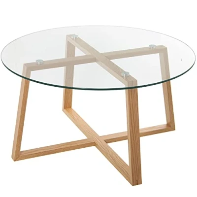 Imagen de DRW Mesa de Centro Redonda Madera y Cristal en Natural Transparente ø78x41 cm