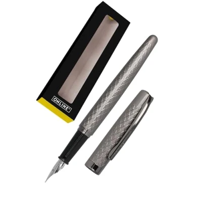 Imagen de Online Eleganza Diamond Titan Pluma estilográfica de metal, grosor medio, clip incluye cartucho tinta azul, para cartuchos estándar, en paquete regalo