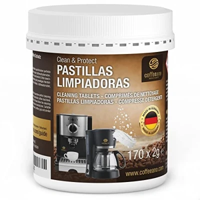Imagen de 170 Pastillas limpiadoras Coffeeano Clean&amp;Protect para cafeteras automáticas y cafeteras. aptas todas las marcas electrodomésticos. Incluye un libro electrónico