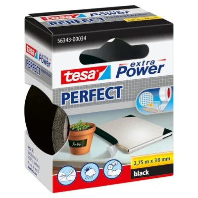 Imagen de tesa Extra Power Perfect, Cinta de Reparación Reforzada en Tela para Confeccionar, Reparar, Fijar, Reforzar y Etiquetar, Negra, 2.75 m x 38 mm
