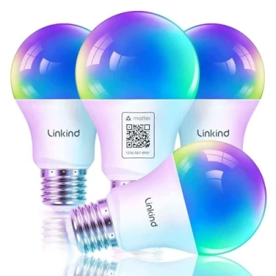 Imagen de Linkind Matter Smart RGBTW Bombilla, WiFi LED E27, Bombilla Multicolor RGB/RGBTW 1800K 6500K, Compatible con Alexa Google Home, 9W equivalente a 60W, paquete de 4