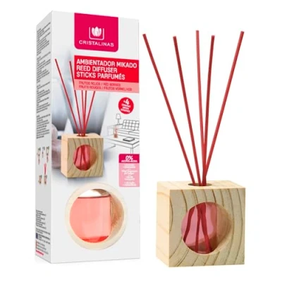 Imagen de CRISTALINAS Ambientador Mikado Cubo de Madera con Varillas ratán Aroma Frutos Rojos 100% Puro Duración + 4 Semanas 30ml 0% Alcohol