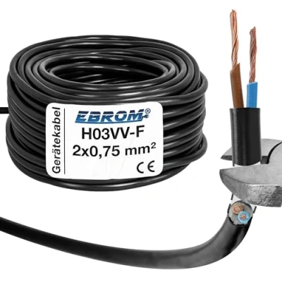 Imagen de EBROM Tubo de plástico redondo, cable LED, alimentación, cable, dispositivo H03VV F 2 x 0,75 mm², color: negro, muchas longitudes en incrementos 5 m hasta 250 metros