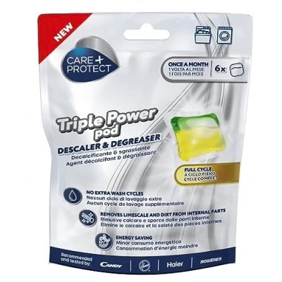 Imagen de CARE + PROTECT Triple Power Pod Descalcificador y Desengrasante para Lavadora/Lavavajillas, Higienizante de Ciclo Completo, Limpiador, Eliminador Cal, Solución Ahorro Energía, 6 Cápsulas