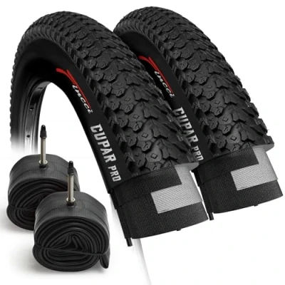 Imagen de Fincci Set Par Neumaticos Bicicleta 26 x 2.125 Pulgadas 57 559 con Cámara de Aire Presta Válvula Interior Neumatico Plegable Cubierta MTB para Montaña Hibrida Cubiertas Bici (Paquete 2)