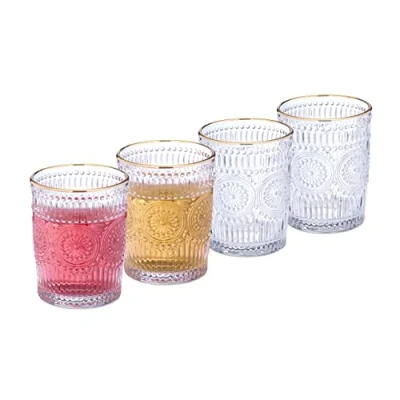 Imagen de Relaxdays Vasos Vintage, Set 4, Aptos para Lavavajillas, 300ml, Cristalería Retro Marco Dorado, Agua, Zumo, Transparente