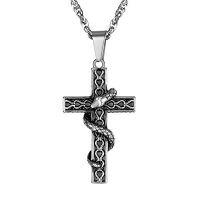 Imagen de PROSTEEL Cruz Serpiente Enrollada Colgante Crucifijo Hombre Mujer con Cadena Acero Inoxidable 60cm Largo