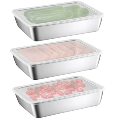 Imagen de Nivofu 3 Piezas Crisper para Frigorífico con Tapa, Cajas Fiambres Fresh, Acero Inoxidable, Contenedor de Tocino Refrigerador, Bandejas Hornar, Almacenamiento Carne, Fruta