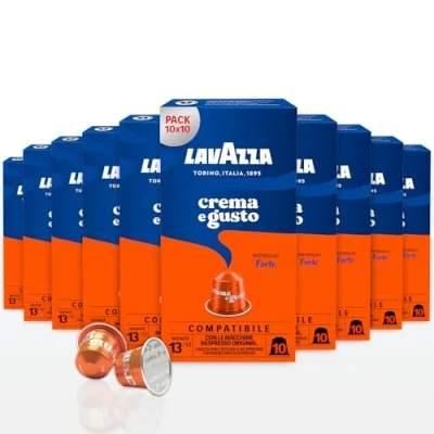 Imagen de Lavazza, Crema e Gusto Forte, 100 Cápsulas de Café Compatibles con Máquinas Nespresso Original, Notas Madera y Cacao, Arábica Robusta, Intensidad 13/13, Tueste Oscuro, Amazon Exclusive