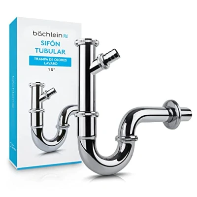 Imagen de Bächlein Sifón Tubular Cromado para Lavabos y Lavamanos (Extra Largo con Conexión de Aparato) Set Desagüe Trampa Instrucciones Instalación Tubo Desagüe, Tubería