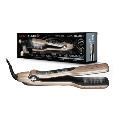 Imagen de DEMELISS Plancha de Pelo Vapor Saint Algue Placas Titanio Maxi Depósito Integrado 40ml Peine Lateral Extraíble Alisado Extremo y Protección del Cabello Dorado/Champán