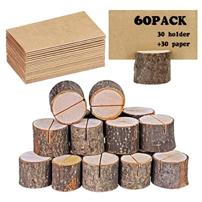 Imagen de Portatarjetas de mesa rústico, madera auténtica, con corteza madera, soporte para tarjetas mesa, fotos, nombres, bodas, fiestas (30 soportes + 30 papeles estraza)