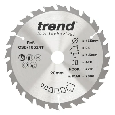 Imagen de Trend CraftPro Hoja de sierra TCT: 165 mm diámetro x 5/8 pulgadas (15,88 mm) interior 24 dientes, para sierras circulares inalámbricas, con punta carburo tungsteno, CSB/16524TC