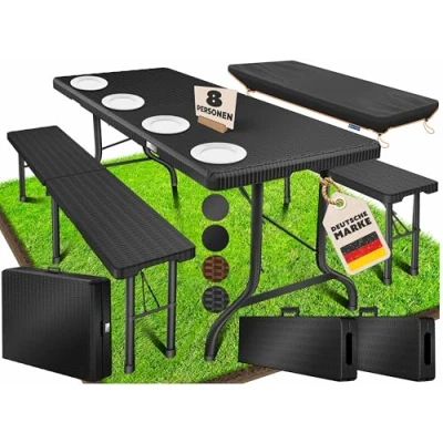 Imagen de KESSER® Juego de Tienda Cerveza 3 Piezas, Mesa + 2X Banco, Plegable, Plástico, jardín con Aspecto ratán/Plegable, Asas Transporte, 73x180x75 cm, Negro
